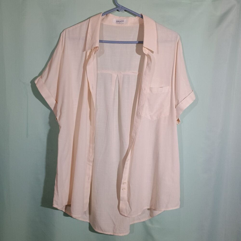 Women’s Blush Pink Short Sleeve Button-Up Blouse – Lightweight Collared Shirt